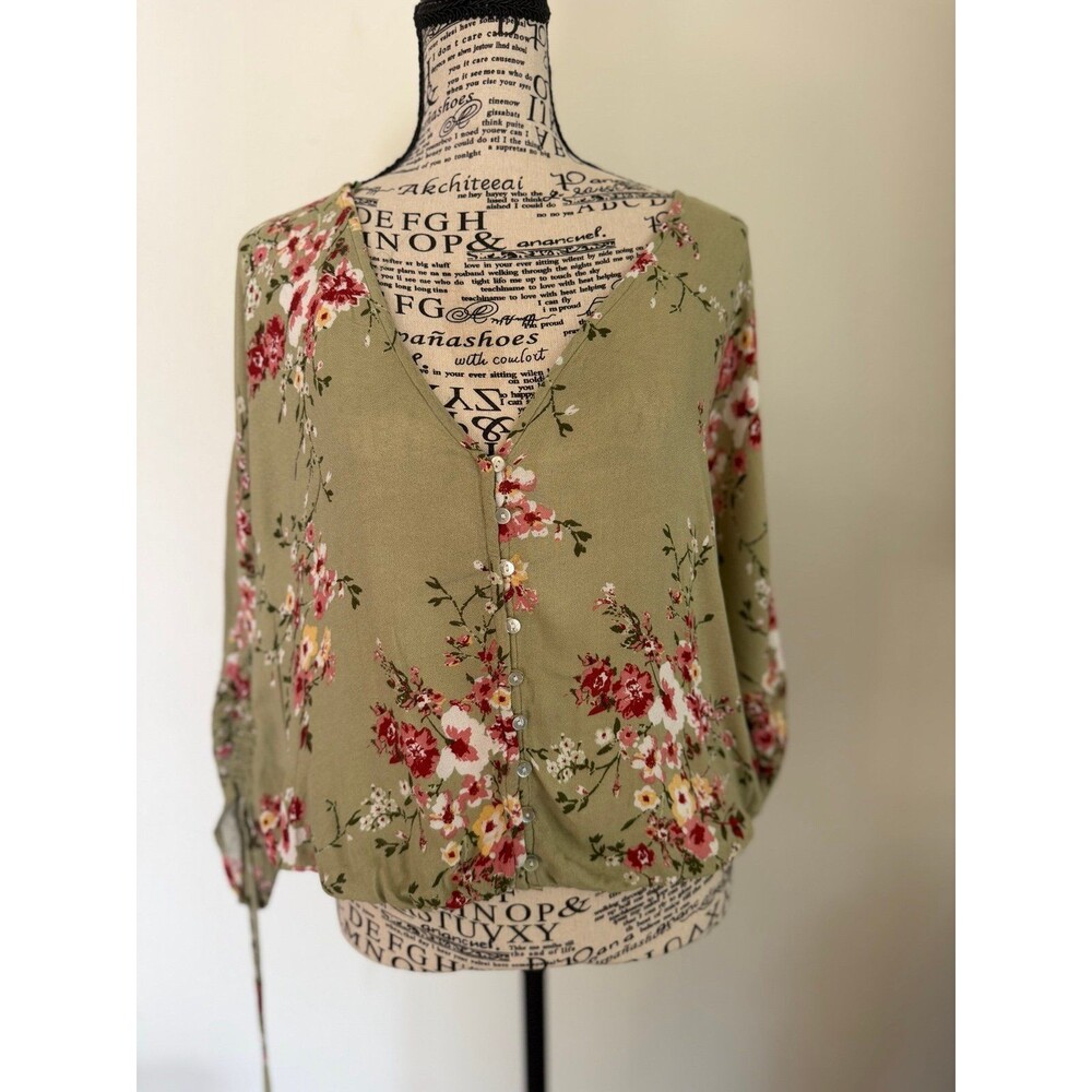 LOVESTITCH Floral Button Front Blouse Sage Green Size S